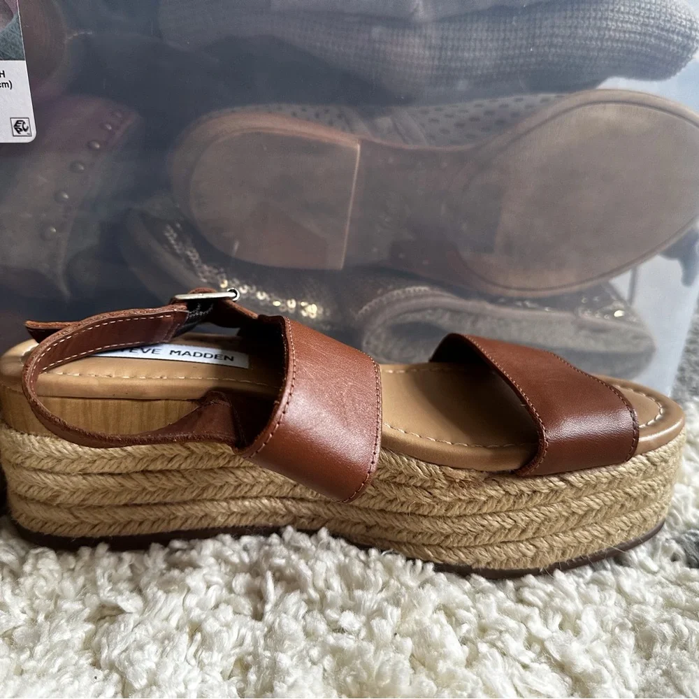 STEVE MADDEN Womens Platform Sandals Size 7 Busy Espadrille Leather 3” Brown NEW